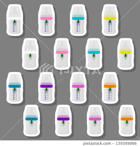Illustration on theme big colored kit baby milk in bottle with rubber pacifier Illustration on theme big colored kit baby milk in bottle with rubber pacifier 139389866