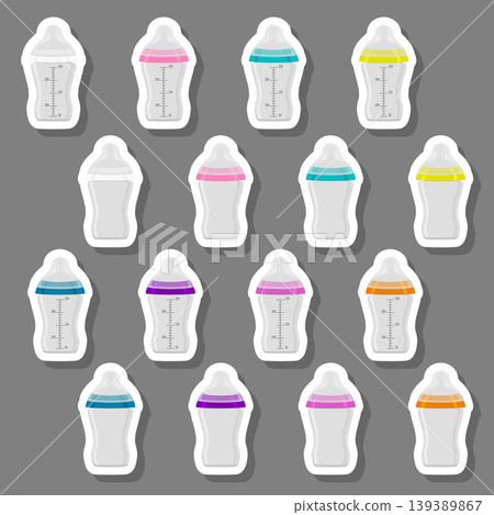 Illustration on theme big colored kit baby milk in bottle with rubber pacifier Illustration on theme big colored kit baby milk in bottle with rubber pacifier 139389867