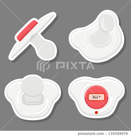 Illustration on theme big colored set baby pacifiers, dummy with rubber nipple Illustration on theme big colored set baby pacifiers, dummy with rubber nipple 139389976