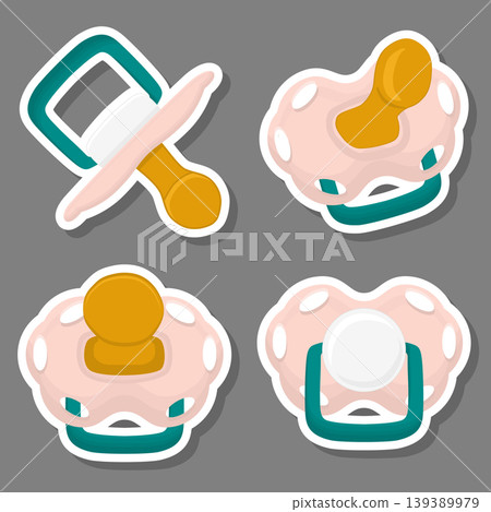 Illustration on theme big colored set baby pacifiers, dummy with rubber nipple Illustration on theme big colored set baby pacifiers, dummy with rubber nipple 139389979