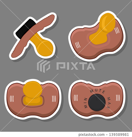 Illustration on theme big colored set baby pacifiers, dummy with rubber nipple Illustration on theme big colored set baby pacifiers, dummy with rubber nipple 139389981