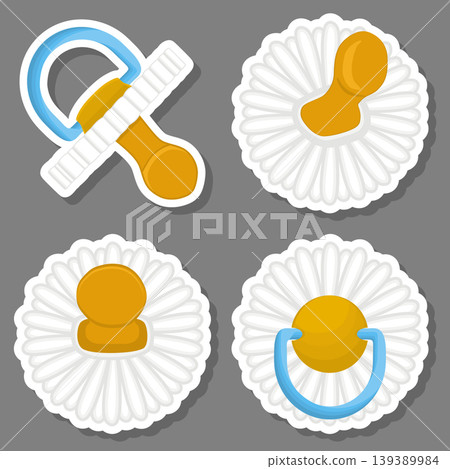 Illustration on theme big colored set baby pacifiers, dummy with rubber nipple Illustration on theme big colored set baby pacifiers, dummy with rubber nipple 139389984