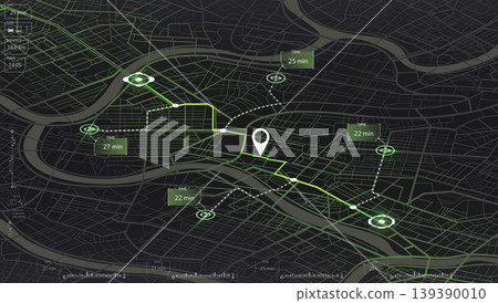 Isometric city map with green navigation route and time labels. Dark futuristic GPS dashboard interface. Vector illustration. Isometric city map with green navigation route and time labels. Dark futuristic GPS dashboard interface. Vector illustration. 139390010