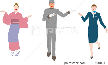 An illustration depicting a male hotel bellboy and a female staff member guiding guests, both dressed in traditional Japanese clothing. The illustration portrays the energetic work of those in the hospitality industry. An illustration depicting a male hotel bellboy and a female staff member guiding guests, both dressed in traditional Japanese clothing. The illustration portrays the energetic work of those in the hospitality industry. 139390031