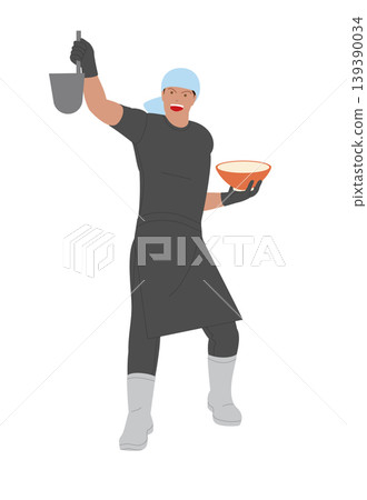 An illustration depicting a man making ramen, conveying the image of a skilled craftsman at work with energy and enthusiasm. An illustration depicting a man making ramen, conveying the image of a skilled craftsman at work with energy and enthusiasm. 139390034