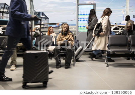 Woman in airport busy lounge area looking at boarding pass, waiting for vacation flight plane to arrive. Teenage girl looking at passport, waiting impatiently on departure terminal for airplane Woman in airport busy lounge area looking at boarding pass, waiting for vacation flight plane to arrive. Teenage girl looking at passport, waiting impatiently on departure terminal for airplane 139390096