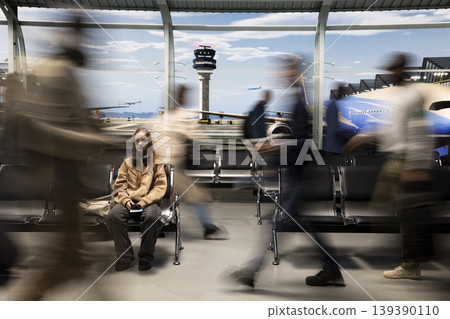 Traveling by plane, blurry crowd and woman sitting on chair in airport during holiday trip. walking to departure gate, bench and girl resting, surrounded by silhouettes of travelers Traveling by plane, blurry crowd and woman sitting on chair in airport during holiday trip. walking to departure gate, bench and girl resting, surrounded by silhouettes of travelers 139390110
