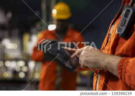 Close up of drilling barge professional analyzing equipment performance on tablet dashboard screen. Offshore platform worker monitors fossil fuel gas extraction rates and system pressure using device Close up of drilling barge professional analyzing equipment performance on tablet dashboard screen. Offshore platform worker monitors fossil fuel gas extraction rates and system pressure using device 139390234