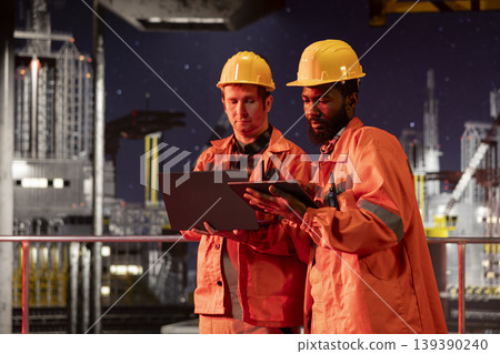 Team of engineers inspecting drilling rig activity at night, ensuring efficient oil and natural fuel extraction from offshore platform. Working together on oil production for the industry. 139390240