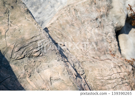 Artificial rock structure in zoo enclosure imitating natural stone surface with rough texture close view. Zoo habitat design and construction 139390265