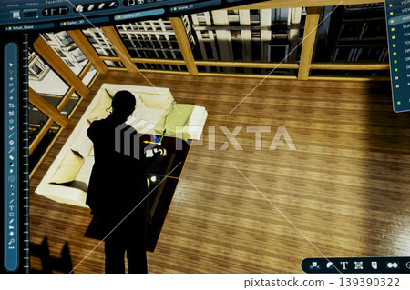 Interacting with 3D building, massive digital wall and architectural designer using immersive visualization. Crafting realistic home floor plan, CAD software and professional doing real estate project Interacting with 3D building, massive digital wall and architectural designer using immersive visualization. Crafting realistic home floor plan, CAD software and professional doing real estate project 139390322
