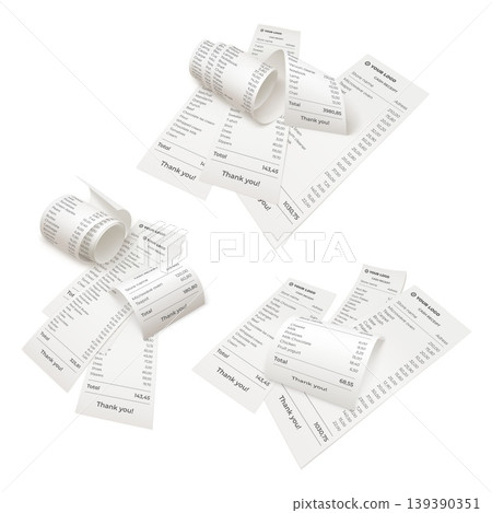 Purchase receipt pile. Realistic paper bill, shop check ticket cash cheque store expense pos voucher print pay price tax market bank debt budget order garish vector illustration Purchase receipt pile. Realistic paper bill, shop check ticket cash cheque store expense pos voucher print pay price tax market bank debt budget order garish vector illustration 139390351