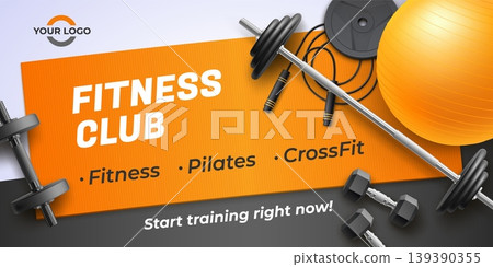 Realistic gym banner. Fitness club poster ad brochure template, workout training equipment bodybuilding exercise skipping rope dumbbell, sport design garish vector illustration 139390355