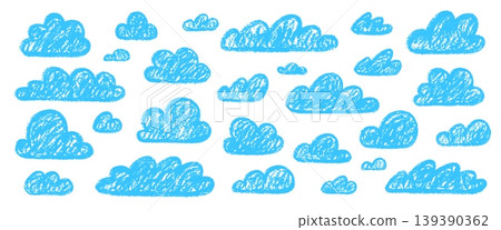 Crayon clouds. Hand drawn cloud sky, cloudy weather pastel texture kids chalk pencil brush stroke doodle cute children drawing summer cloudy element qualitative vector illustration Crayon clouds. Hand drawn cloud sky, cloudy weather pastel texture kids chalk pencil brush stroke doodle cute children drawing summer cloudy element qualitative vector illustration 139390362