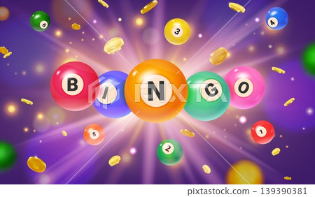 Bingo balls banner. Lottery number ball fly effect, online casino game or lotto billiard wanner poster falling balls lucky gambling bonus money prize exact vector illustration 139390381