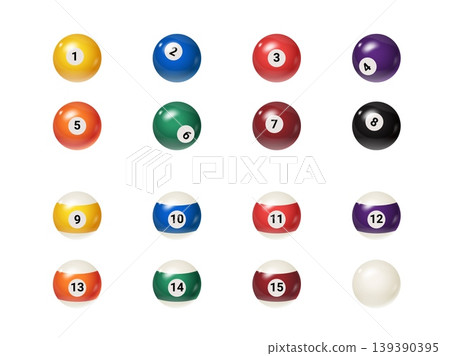 Realistic billiard balls. 3d snooker ball pool, cue gambling game rack isolated ball eight five number black white green blue red color round spheres exact vector illustration 139390395