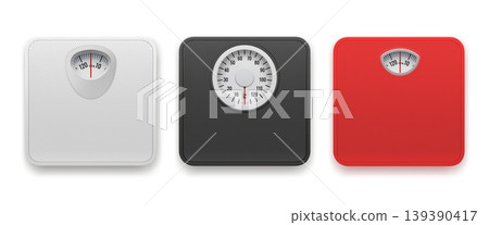 Realistic bathroom scales. 3d floor analogue scale, weight balance body mass loss diet control device top view white red black color fat obesity set garish vector illustration Realistic bathroom scales. 3d floor analogue scale, weight balance body mass loss diet control device top view white red black color fat obesity set garish vector illustration 139390417