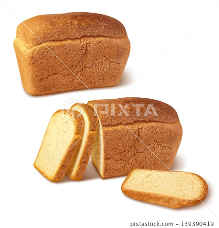 Realistic bread loaf. Bakery wheat whole bread and cut slices, french homemade bake 3d slice grain dough crust cooking breakfast sandwich food, isolated garish vector illustration Realistic bread loaf. Bakery wheat whole bread and cut slices, french homemade bake 3d slice grain dough crust cooking breakfast sandwich food, isolated garish vector illustration 139390419