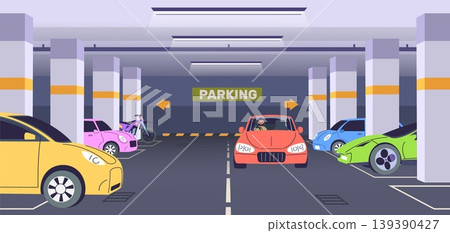 Underground car park. Vehicle parking, garage indoor mall basement reserved parking lots parked cars space with column city road urban building entrance classy vector illustration Underground car park. Vehicle parking, garage indoor mall basement reserved parking lots parked cars space with column city road urban building entrance classy vector illustration 139390427