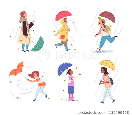 Children walk umbrella. Kids walking rainy autumn day, child boy girl umbrellas rain puddles fun wind spring season together raincoat cold wet weather classy vector illustration Children walk umbrella. Kids walking rainy autumn day, child boy girl umbrellas rain puddles fun wind spring season together raincoat cold wet weather classy vector illustration 139390428