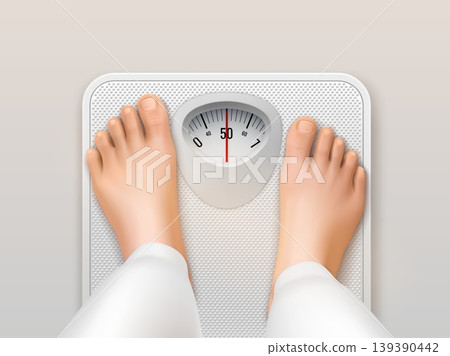 Realistic feet scales. Woman foot standing on bathroom scale, weight balance floor weighing top view obesity fat body fitness diet control mass loss garish vector illustration 139390442