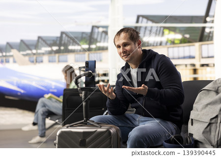 Young man influencer records live stream on phone with tripod in airport lounge, documenting journey and holiday experience. Online streaming and mobile content creation with travel tips. Young man influencer records live stream on phone with tripod in airport lounge, documenting journey and holiday experience. Online streaming and mobile content creation with travel tips. 139390445