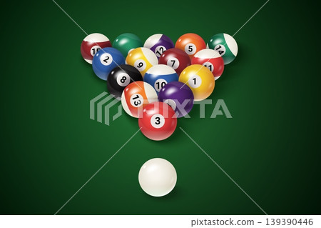 Billiard balls pool. Snooker ball triangle rack ready play game, realistic billiard sphere eight numbers green background sport gambling cue tournament, exact vector illustration Billiard balls pool. Snooker ball triangle rack ready play game, realistic billiard sphere eight numbers green background sport gambling cue tournament, exact vector illustration 139390446