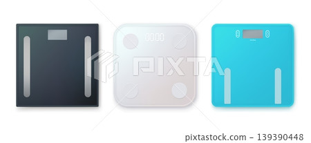 Digital bathroom scales. Smart floor scale weight balance device, fat body mass loss gain weighing measuring electronic machine top view, 3d realistic garish vector illustration Digital bathroom scales. Smart floor scale weight balance device, fat body mass loss gain weighing measuring electronic machine top view, 3d realistic garish vector illustration 139390448