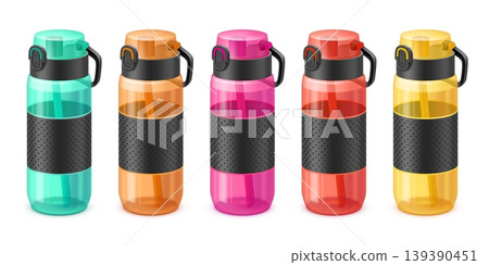 Realistic fitness bottles. Sport water bottle, gym flask 3d tumbler shaker mockup reusable plastic drink cup flip cap lid isolated color container set garish vector illustration Realistic fitness bottles. Sport water bottle, gym flask 3d tumbler shaker mockup reusable plastic drink cup flip cap lid isolated color container set garish vector illustration 139390451
