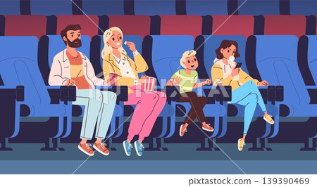 Family cinema theater. Happy parents children watching movie on seat chairs, enjoying looking film together audience mom dad kids weekend entertainment, classy vector illustration Family cinema theater. Happy parents children watching movie on seat chairs, enjoying looking film together audience mom dad kids weekend entertainment, classy vector illustration 139390469