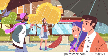 People rainy street. Rain weather, couple walking umbrella autumn city woman man walk town pavement people raincoat cold wet september romantic season classy vector illustration People rainy street. Rain weather, couple walking umbrella autumn city woman man walk town pavement people raincoat cold wet september romantic season classy vector illustration 139390471