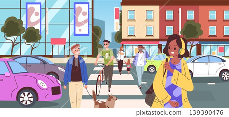 People crosswalk. Pedestrian street city road traffic, urban sidewalk busy man woman crossing walk way go crowd citizen safety zebra light sign bicycle classy vector illustration People crosswalk. Pedestrian street city road traffic, urban sidewalk busy man woman crossing walk way go crowd citizen safety zebra light sign bicycle classy vector illustration 139390476