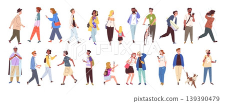 Walking people characters. Person characters walk city street, diverse group stroll family couple friend young woman adult man children bike dog cartoon classy vector illustration Walking people characters. Person characters walk city street, diverse group stroll family couple friend young woman adult man children bike dog cartoon classy vector illustration 139390479