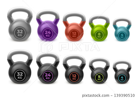 Realistic kettlebells. 3d weight, black color kettlebell gym weights barbell steel heavy kg dumbbell fitness sport lifting training kettle bell kilogram garish vector illustration Realistic kettlebells. 3d weight, black color kettlebell gym weights barbell steel heavy kg dumbbell fitness sport lifting training kettle bell kilogram garish vector illustration 139390510