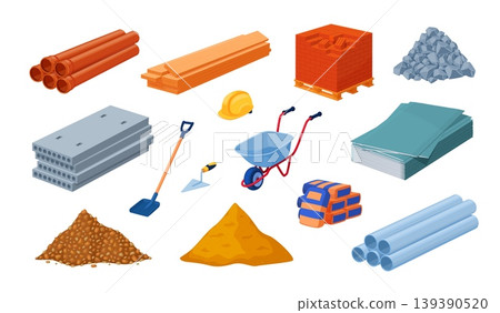 Cartoon construction materials. Building material set, brick block concrete pile cement sand gravel stack stone wood metal pipe steel site work tool qualitative vector illustration Cartoon construction materials. Building material set, brick block concrete pile cement sand gravel stack stone wood metal pipe steel site work tool qualitative vector illustration 139390520
