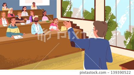 Students lecture auditorium. Teacher speaking lesson college students at desk tribune classroom, professor back rear university audience school exam room classy vector illustration Students lecture auditorium. Teacher speaking lesson college students at desk tribune classroom, professor back rear university audience school exam room classy vector illustration 139390522