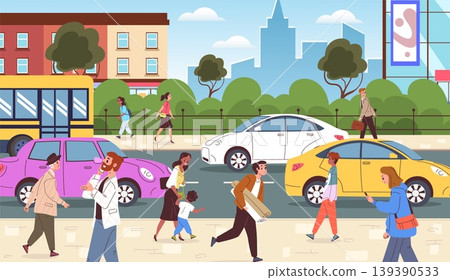 Crowd people walk street. City street road walking path, diverse citizen group character, building urban landscape panorama man woman child pedestrian classy vector illustration Crowd people walk street. City street road walking path, diverse citizen group character, building urban landscape panorama man woman child pedestrian classy vector illustration 139390533