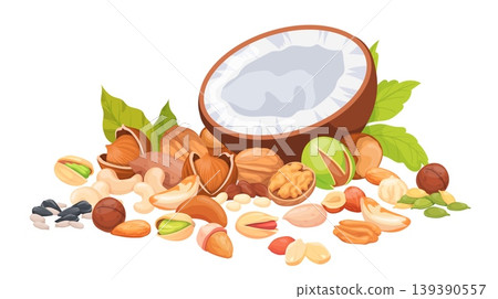 Nuts mix. Nut and seeds pile, dry almond peanut walnut hazelnut cashew seed pistachio bunch healthy snack vegetarian food collection cartoon set isolated neat vector illustration Nuts mix. Nut and seeds pile, dry almond peanut walnut hazelnut cashew seed pistachio bunch healthy snack vegetarian food collection cartoon set isolated neat vector illustration 139390557