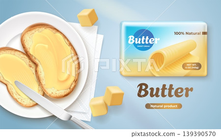 Butter ad. Realistic creamy butter package advertising banner, buttered toast spread bread with knife sandwich on plate margarine slices breakfast promo garish vector illustration 139390570