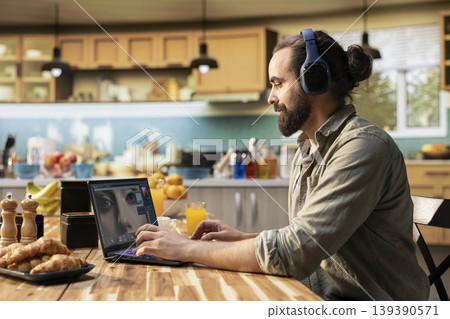 Editing photos at home, photographer listening to music, creative post production, photo editing software, color grading, lighting effects, visual adjustments, remote work lifestyle with headset. 139390571