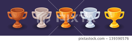 Game trophy cups ui. Winner trophies cup gold silver stone wood elements props icons, cyber sport gaming gui champion goblet level rank reward, cartoon set neat vector illustration Game trophy cups ui. Winner trophies cup gold silver stone wood elements props icons, cyber sport gaming gui champion goblet level rank reward, cartoon set neat vector illustration 139390576