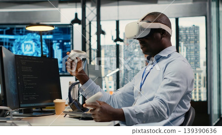 Technician in office using VR headset equipment to accelerate complex AI calculations. IT expert using virtual reality tech to manage machine learning training datasets, camera B Technician in office using VR headset equipment to accelerate complex AI calculations. IT expert using virtual reality tech to manage machine learning training datasets, camera B 139390636