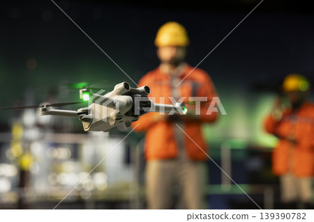 Close up of drone used by environmental officer on offshore sea platform deck for aerial surveillance of ocean waters late at night. Drilling rig expert monitoring oil spills hazard with UAV 139390782