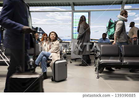 Woman in airport terminal going on holiday trip using smartphone to do online checkin. Tourist using phone to find flight timetable on airline website, waiting for boarding Woman in airport terminal going on holiday trip using smartphone to do online checkin. Tourist using phone to find flight timetable on airline website, waiting for boarding 139390885