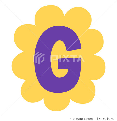 Uppercase G letter of English alphabet, vector festive purple typeface in wavy yellow arc-shaped frame, kids happy font Uppercase G letter of English alphabet, vector festive purple typeface in wavy yellow arc-shaped frame, kids happy font 139391070
