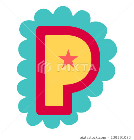 Uppercase P letter of English alphabet, vector festive yellow typeface in wavy arc-shaped frame, kids happy font Uppercase P letter of English alphabet, vector festive yellow typeface in wavy arc-shaped frame, kids happy font 139391083