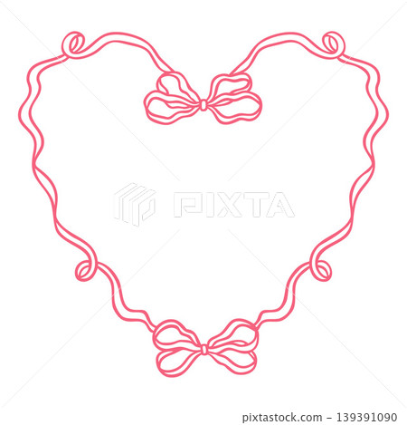 An empty heart-shaped outline frame made of delicate pink ribbon with bows. 139391090
