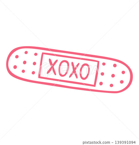Sterile bandage with XOXO print pink line art, vector doodle girly first aid plaster adhesive tape, medical protection Sterile bandage with XOXO print pink line art, vector doodle girly first aid plaster adhesive tape, medical protection 139391094