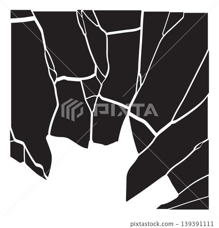 A square background with large broken fragments, cracks, and an empty hole, in black and white. A square background with large broken fragments, cracks, and an empty hole, in black and white. 139391111
