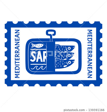 A blue and white postage stamp depicting an open can of Mediterranean sardines. 139391166